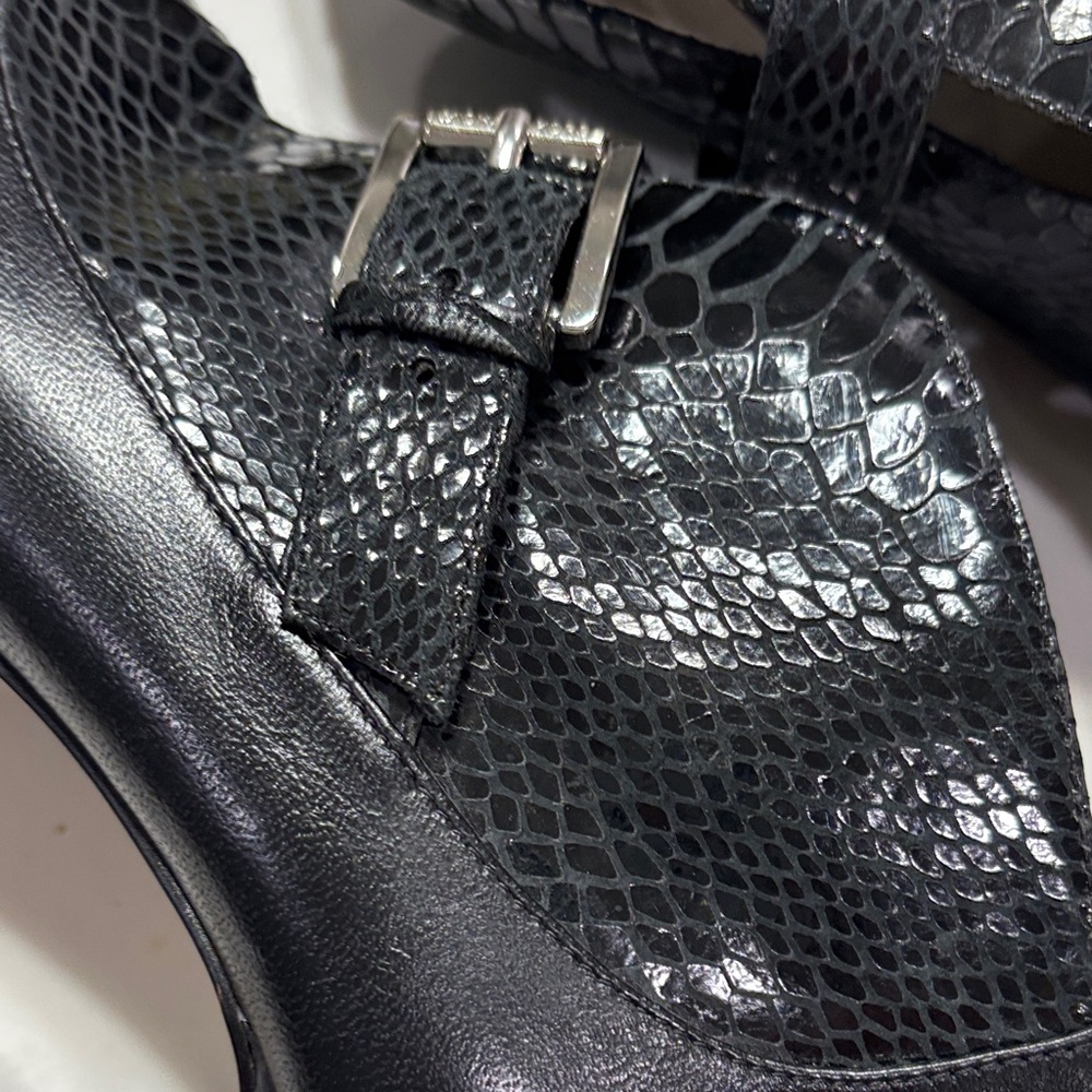 Black Peep-Toe Platform High Heel Booties with Buckle - Picture 10 of 14